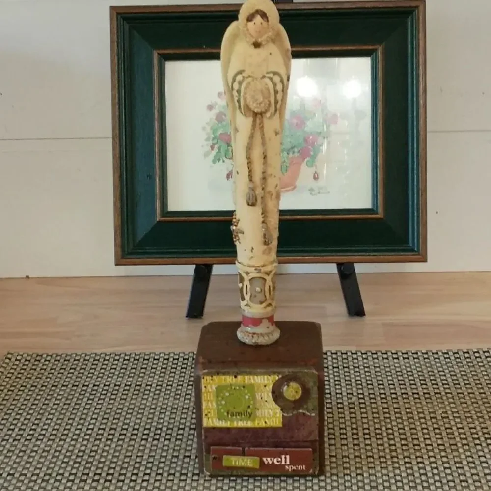Vintage Carved Winter Angel Candle on Wooden Candlestick Holder Decoration